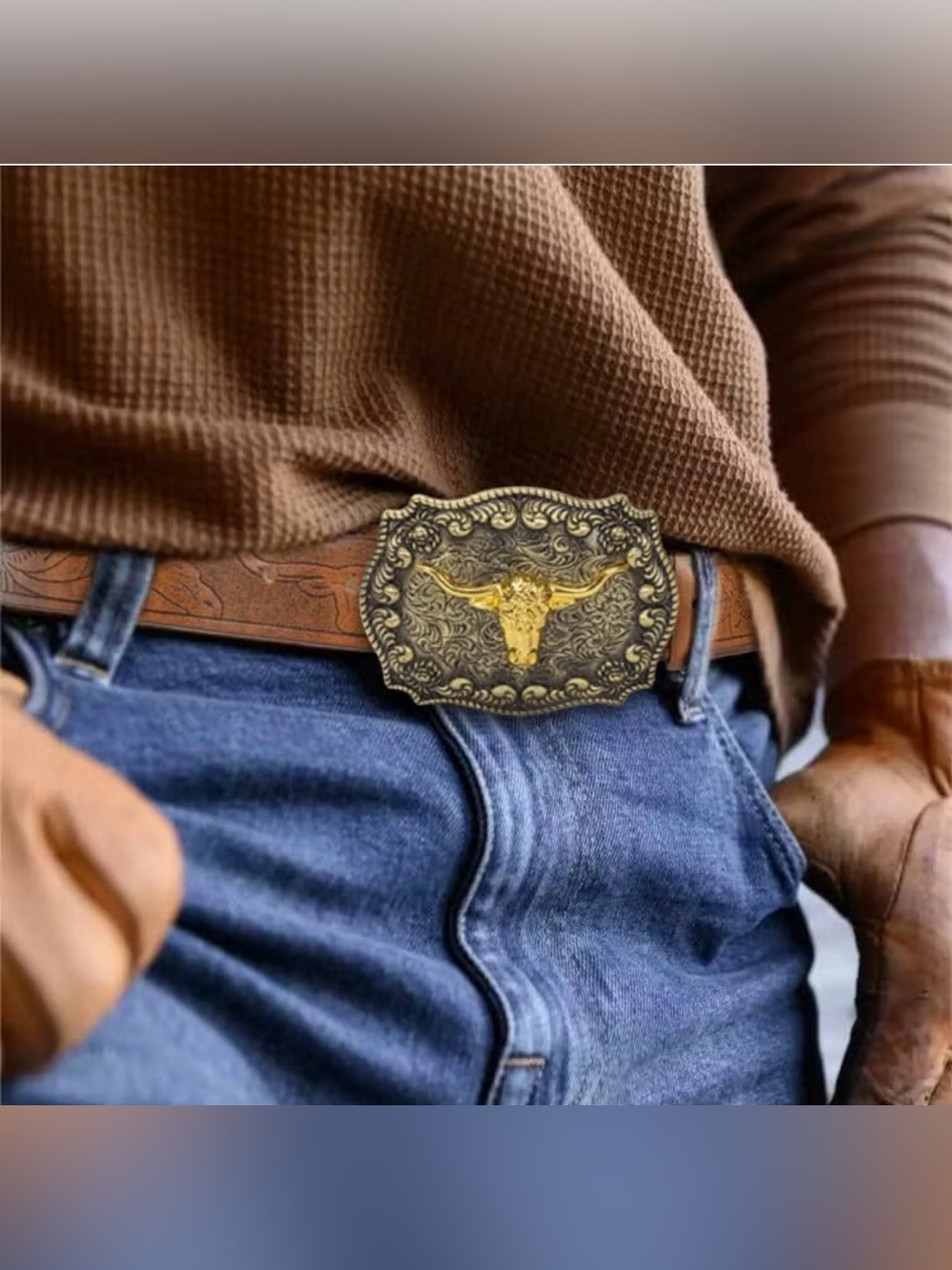 Men’s Western Cowboy Belt Longhorn Bull Floral Buckle Brown Size 30-36